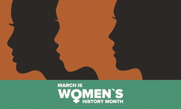 Three women drawn over a banner that reads ‘March is Women’s History Month.’